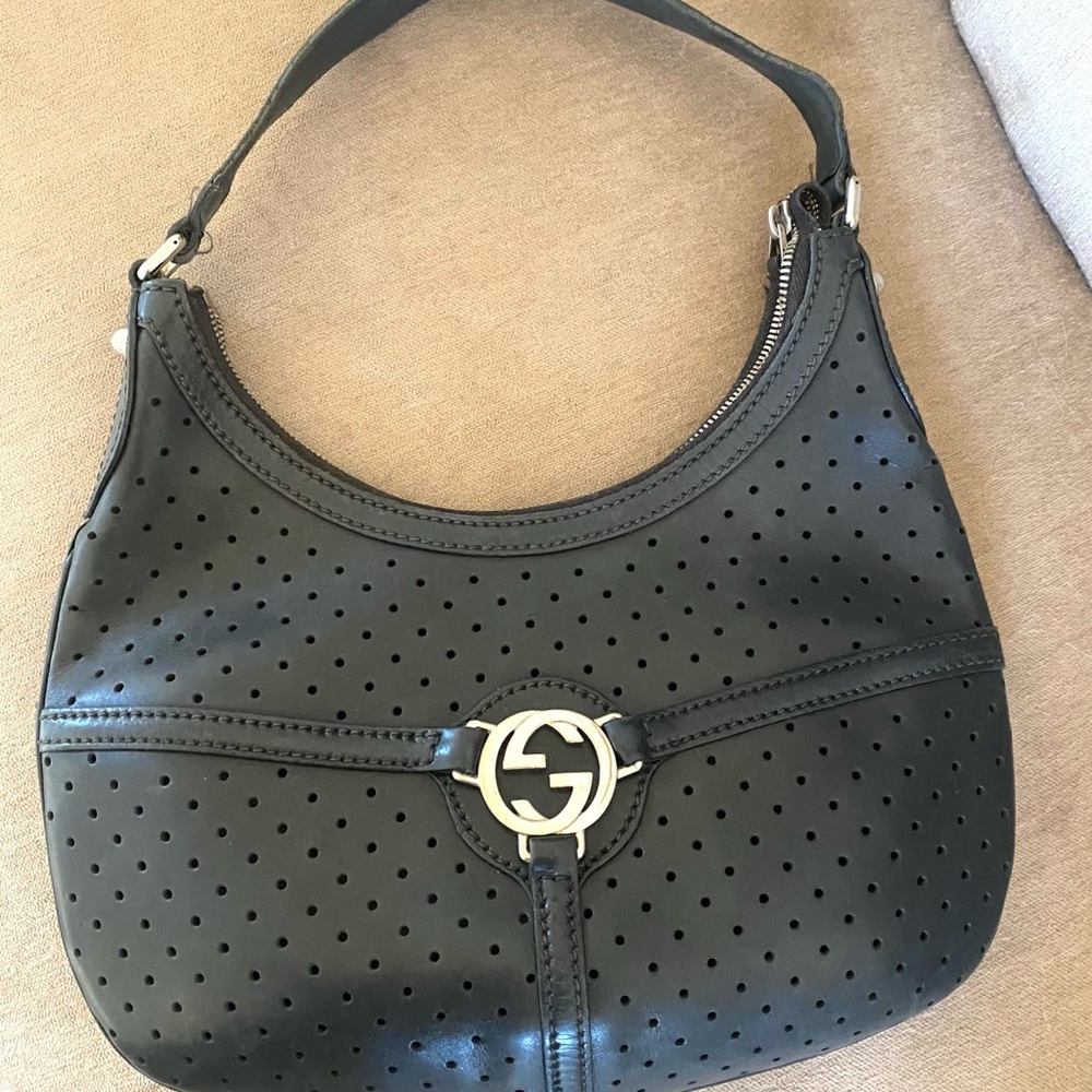 Authentic Gucci Black Perforated Leather Shoulder Bag